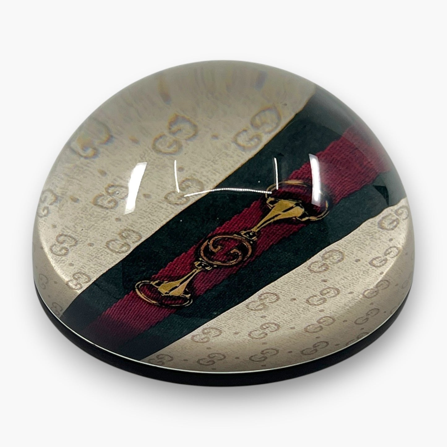 Gucci GG Monogram Horsebit Web Stripe Round Paperweight Decor Glass Italy Auth