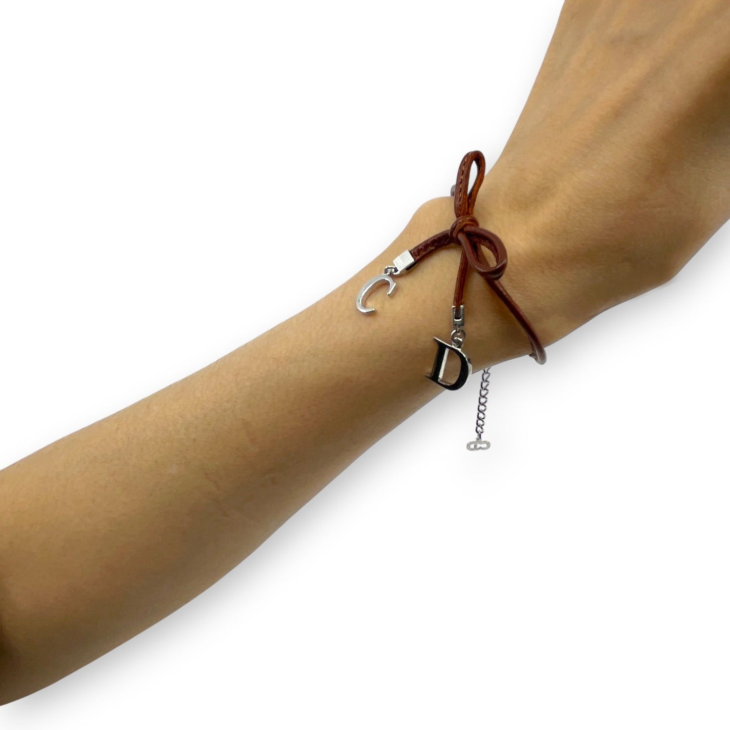 Christian Dior Ribbon CD Logo Brown Leather Bracelet with Silver-Tone Charms