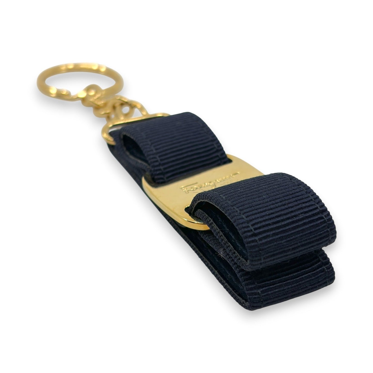 Salvatore Ferragamo Vara Ribbon Keychain Charm Black Gold Key Ring Auth