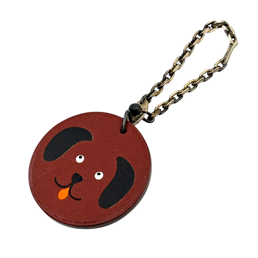 Hermes Leather Animal Round Dog Face Bag Key Charm Brown Leather w/Silver Chain