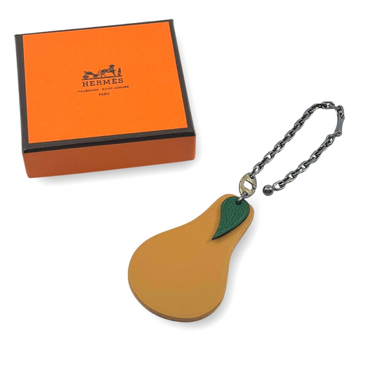 Hermes Pear and Leaf Leather Bag Charm Fruit Key Holder w/ Box
