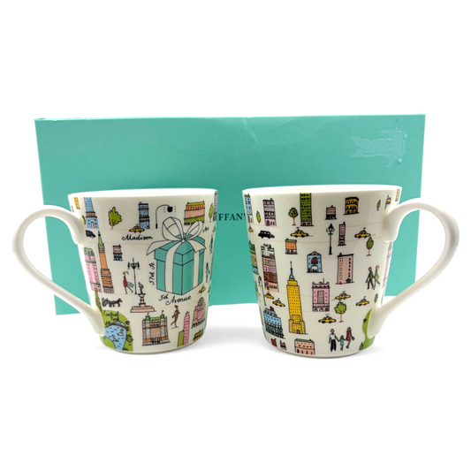 Tiffany & Co. 5th Avenue Bone China Mug 2 Cups Pair Set in NYC Design w/ Box