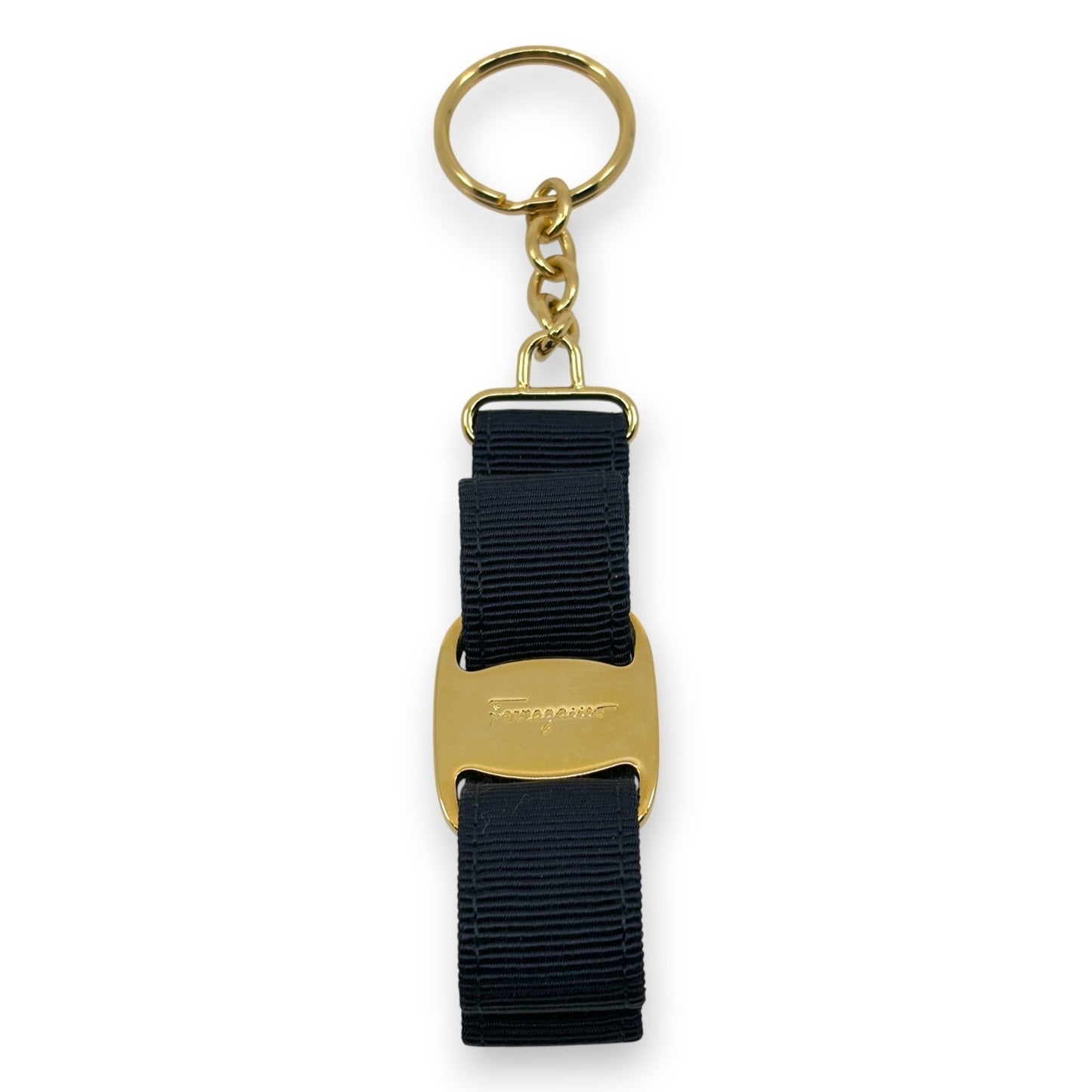 Salvatore Ferragamo Vara Ribbon Keychain Charm Black Gold Key Ring Auth
