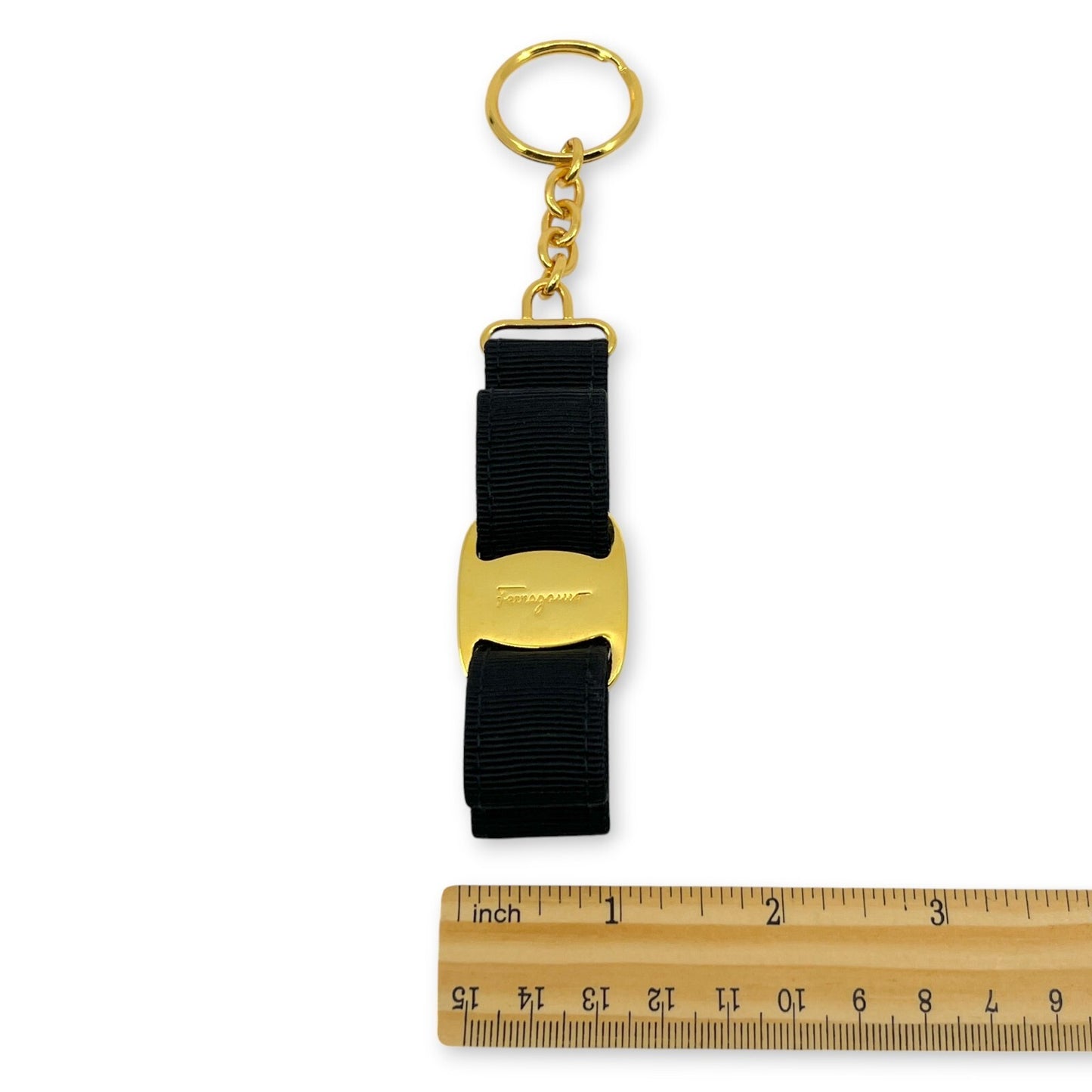 Salvatore Ferragamo Vara Black Gold Ribbon Keychain Charm Key ring with Box
