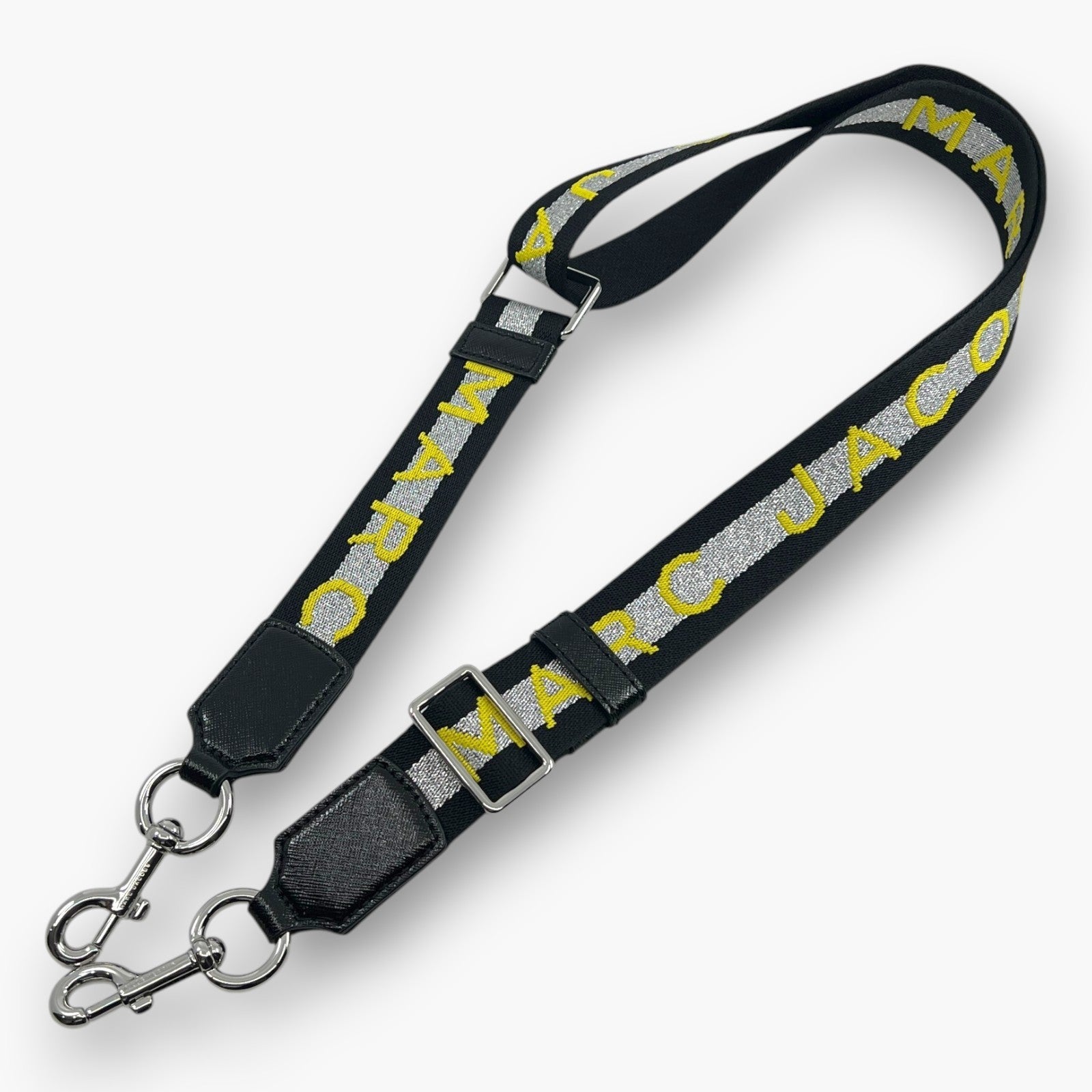 Marc Jacobs Logo Webbing Adjustable Shoulder Bag Strap Black Silver Yellow