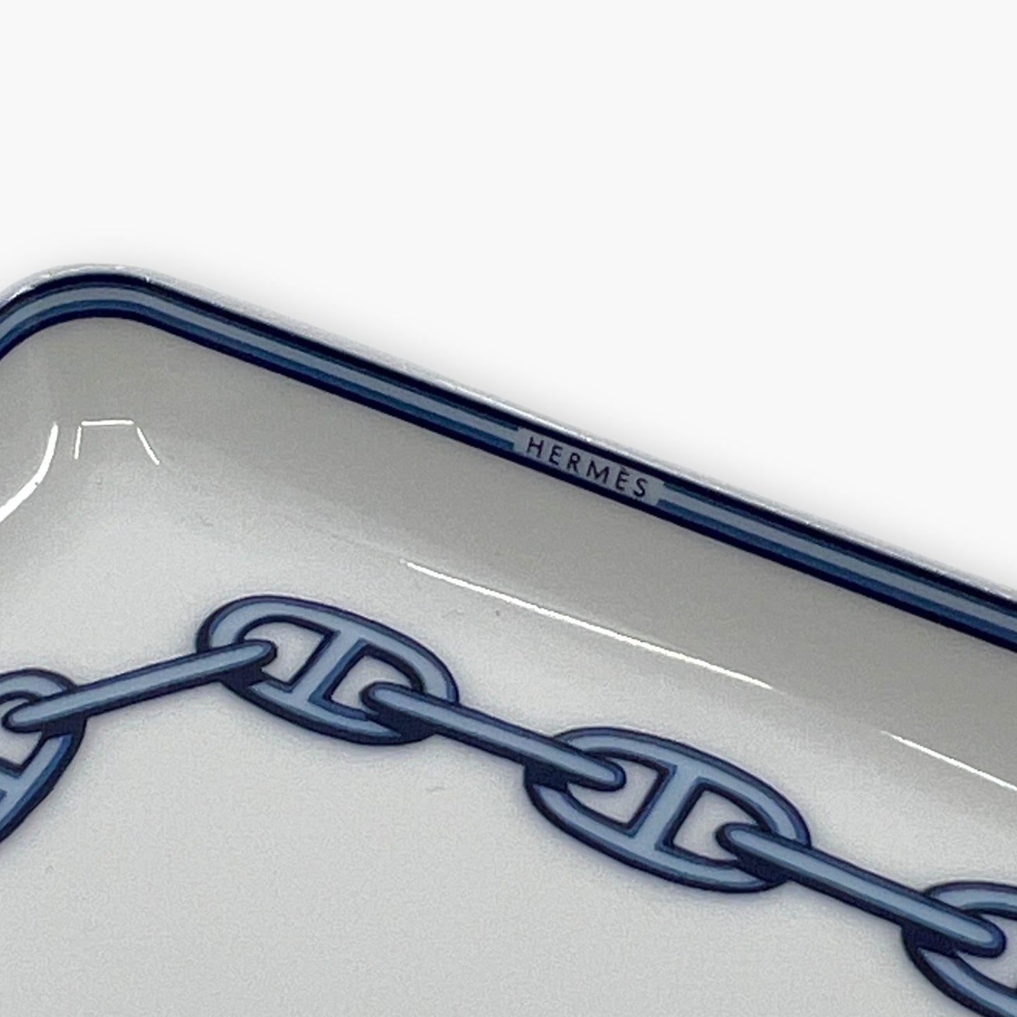 Hermes Chaine d'Ancre Porcelain Rectangular Change Tray Plate Set of 3 Auth