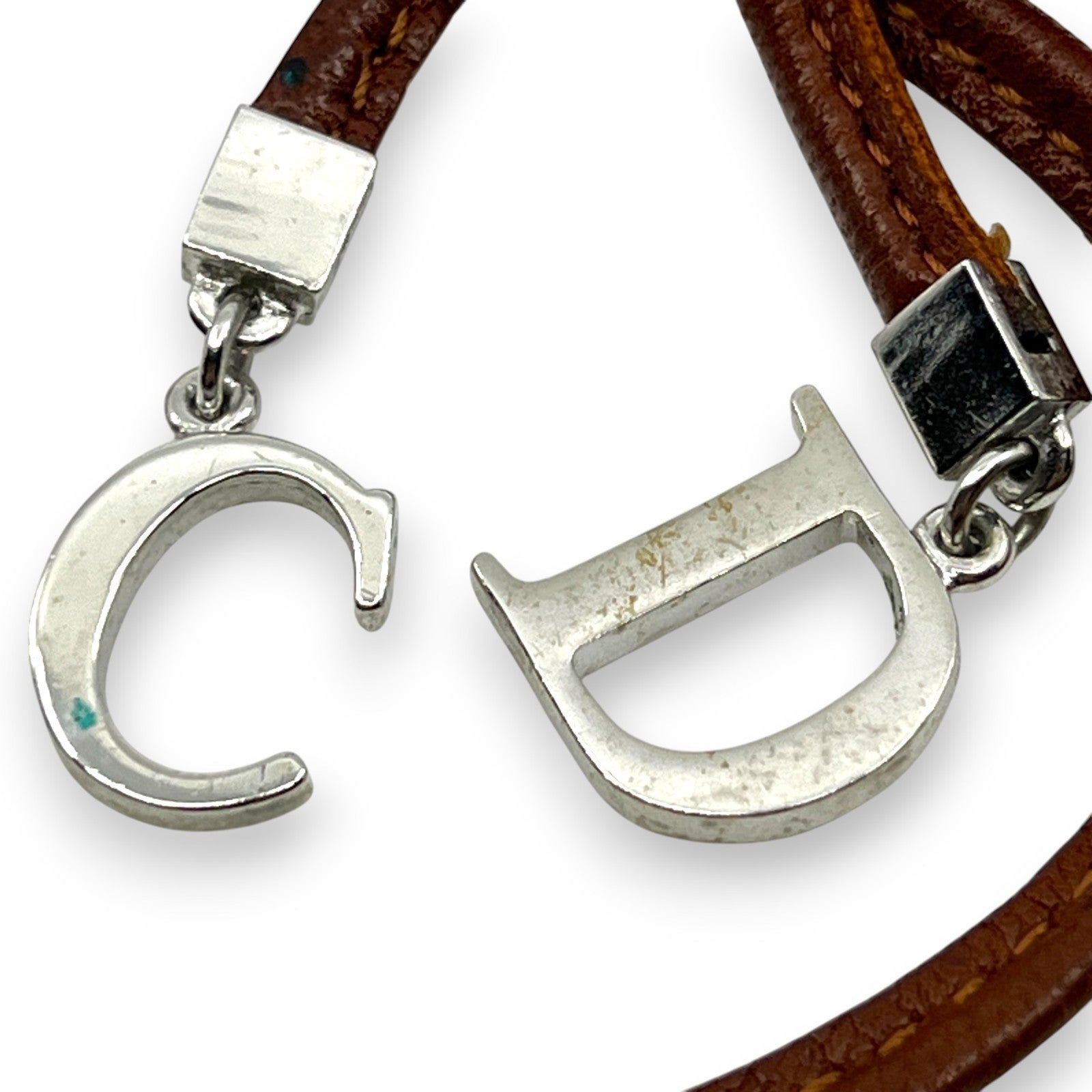 Christian Dior Ribbon CD Logo Brown Leather Bracelet with Silver-Tone Charms