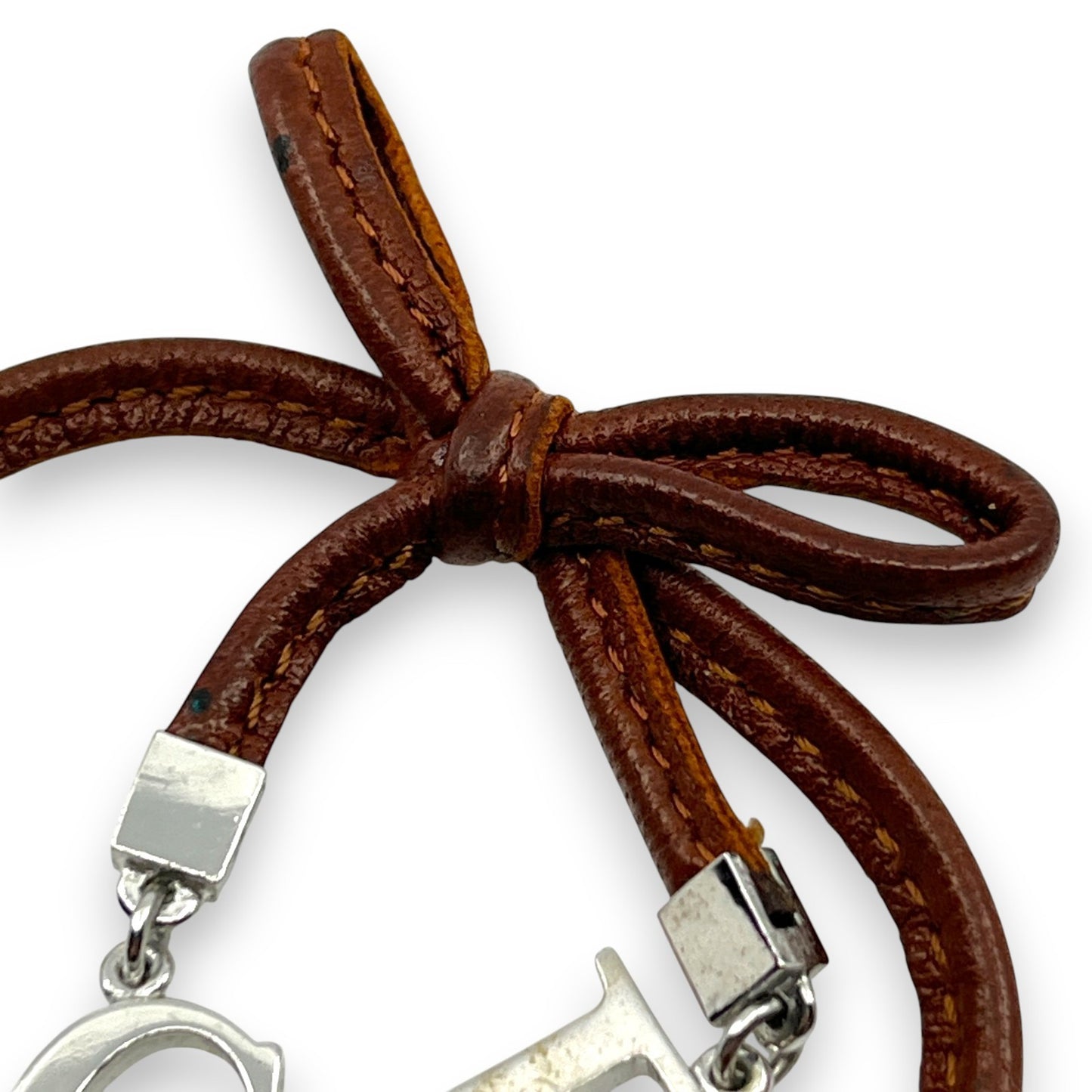 Christian Dior Ribbon CD Logo Brown Leather Bracelet with Silver-Tone Charms