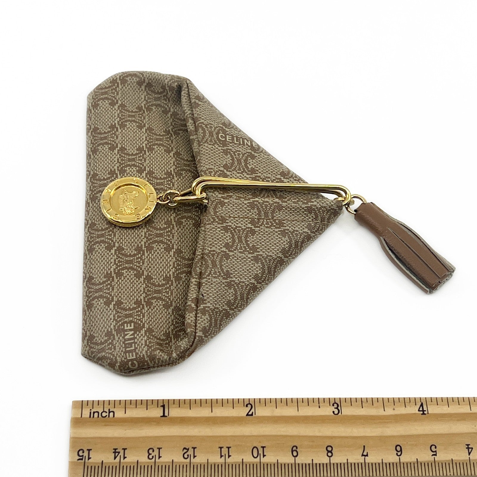 Celine Macadam Vintage Triangle Coin Purse Beige with Tassel Charm