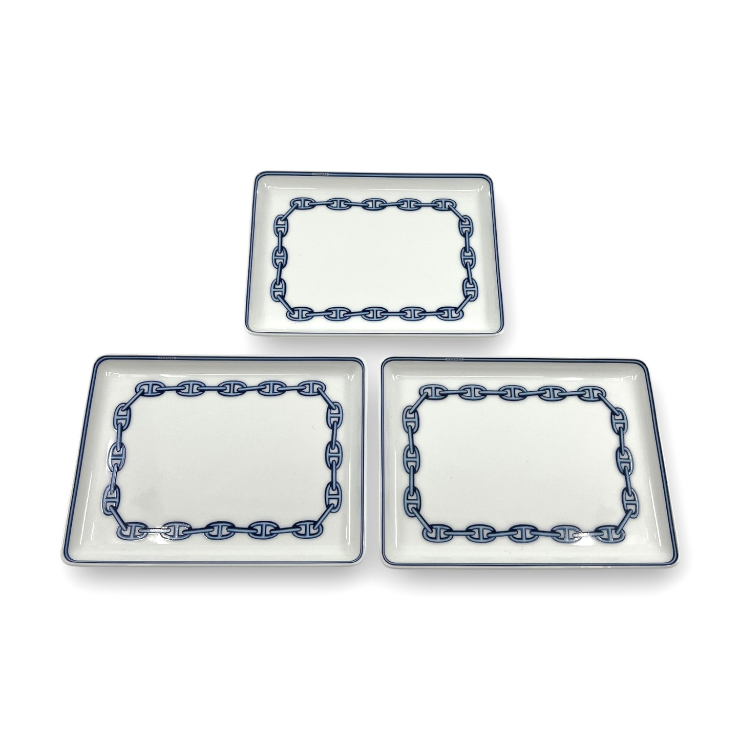 Hermes Chaine d'Ancre Porcelain Rectangular Change Tray Plate Set of 3 Auth