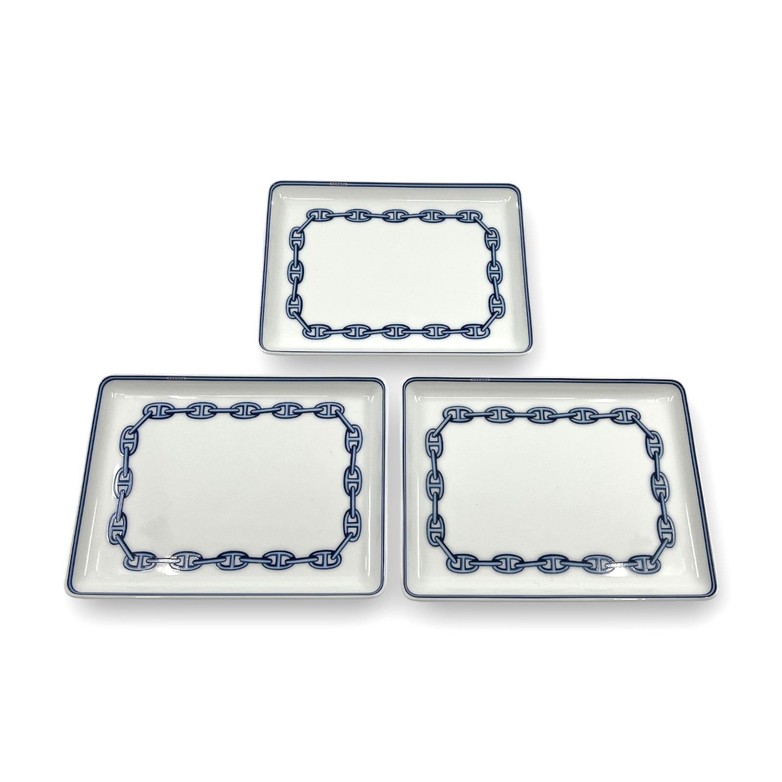 Hermes Chaine d'Ancre Porcelain Rectangular Change Tray Plate Set of 3 Auth