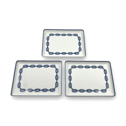 Hermes Chaine d'Ancre Porcelain Rectangular Change Tray Plate Set of 3 Auth
