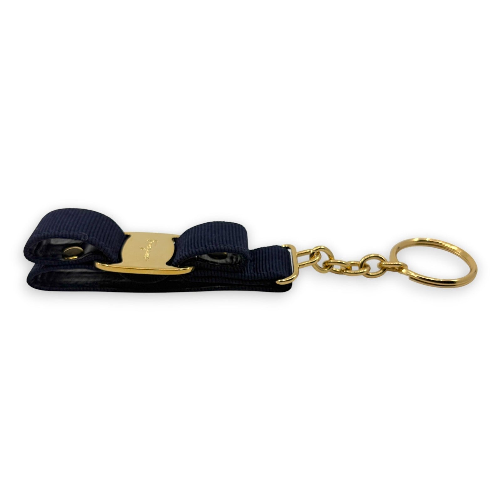 Salvatore Ferragamo Vara Ribbon Keychain Charm Black Gold Key Ring Auth