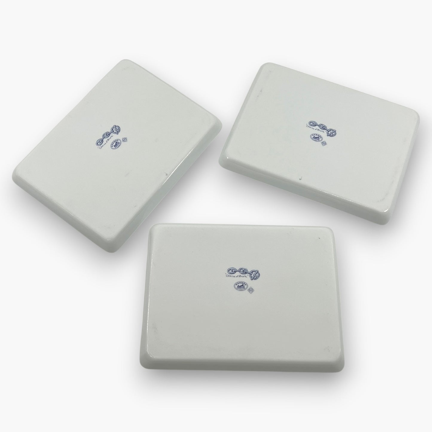 Hermes Chaine d'Ancre Porcelain Rectangular Change Tray Plate Set of 3 Auth