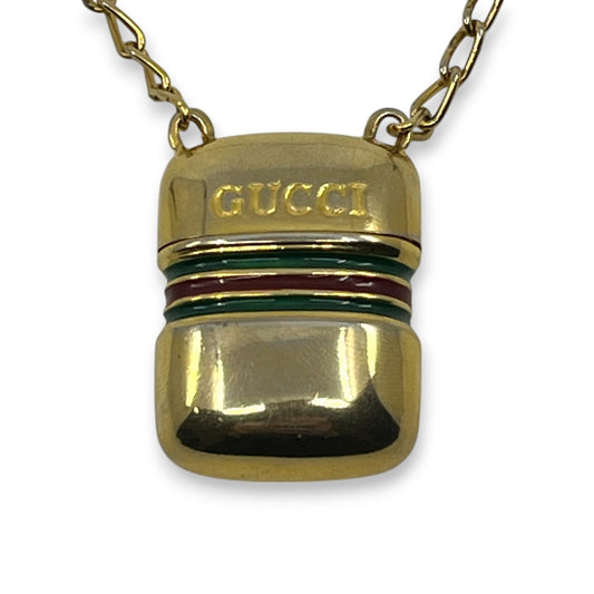 Gucci Perfume Bottle Necklace Gold-Tone with Green & Red Web Stripe Sherry Line