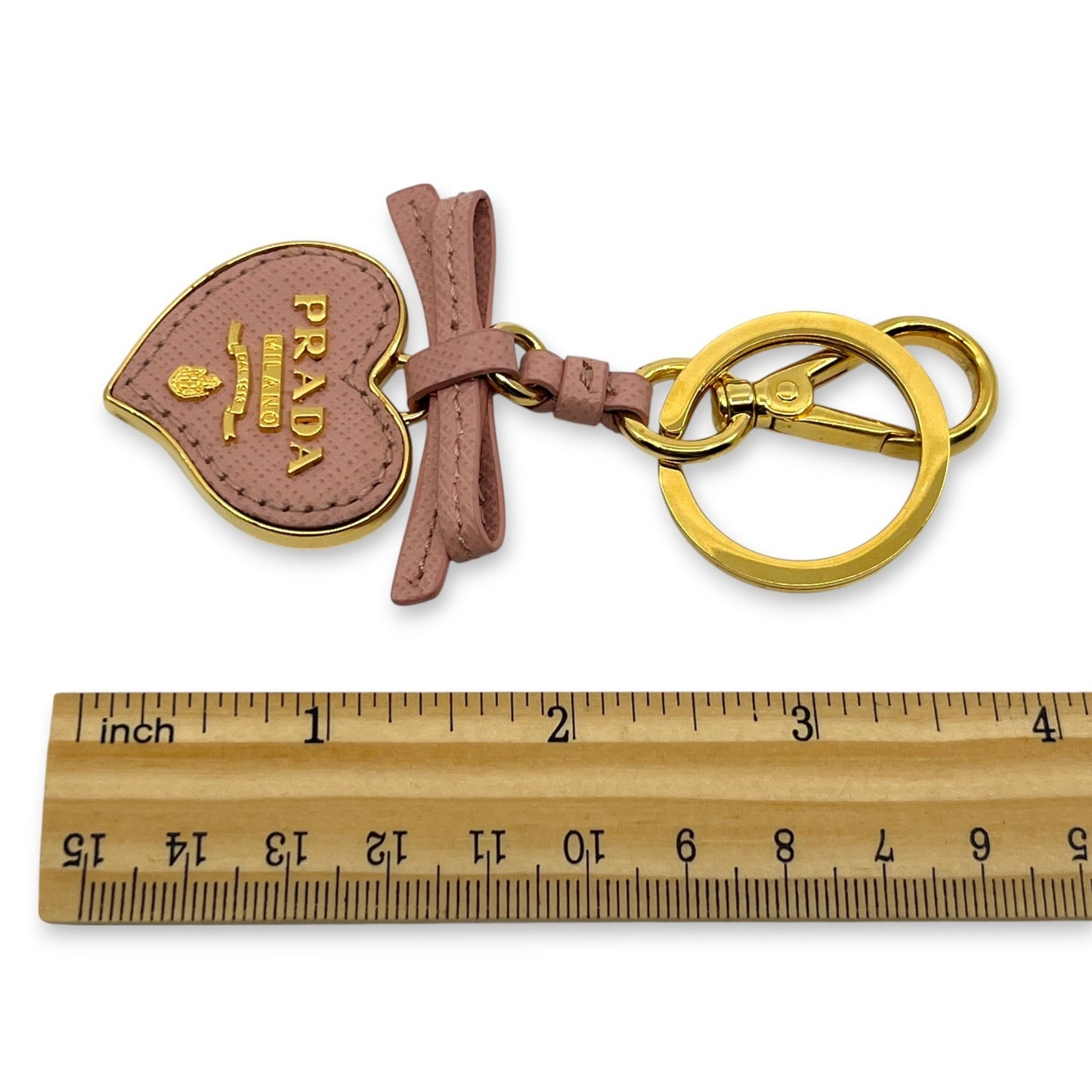 Prada Pink Saffiano Leather Heart Ribbon Key Ring Charm with Box Dust Bag