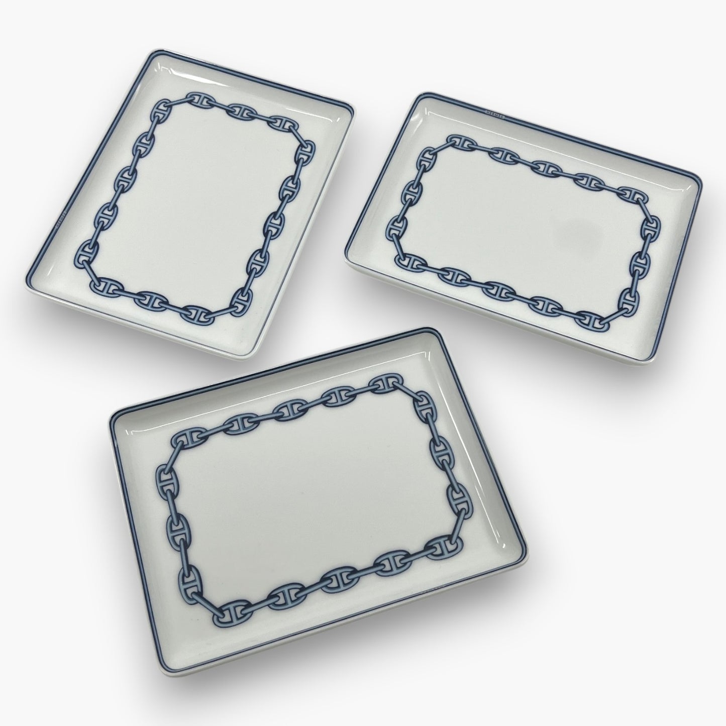 Hermes Chaine d'Ancre Porcelain Rectangular Change Tray Plate Set of 3 Auth