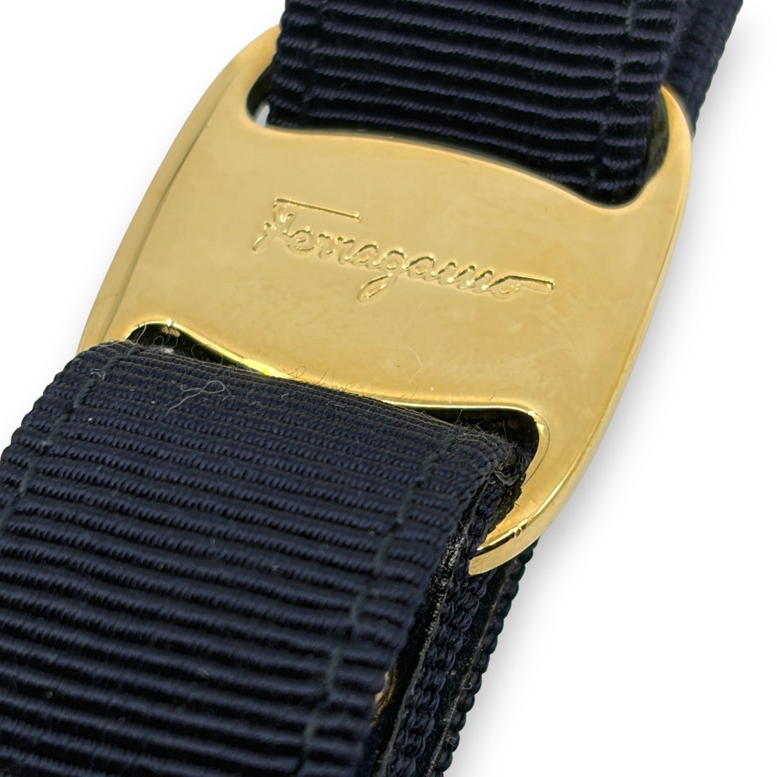 Salvatore Ferragamo Vara Ribbon Keychain Charm Black Gold Key Ring Auth