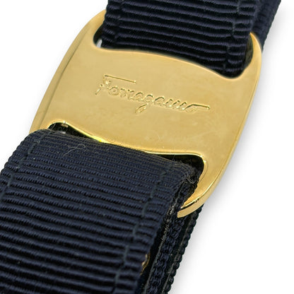 Salvatore Ferragamo Vara Ribbon Keychain Charm Black Gold Key Ring Auth