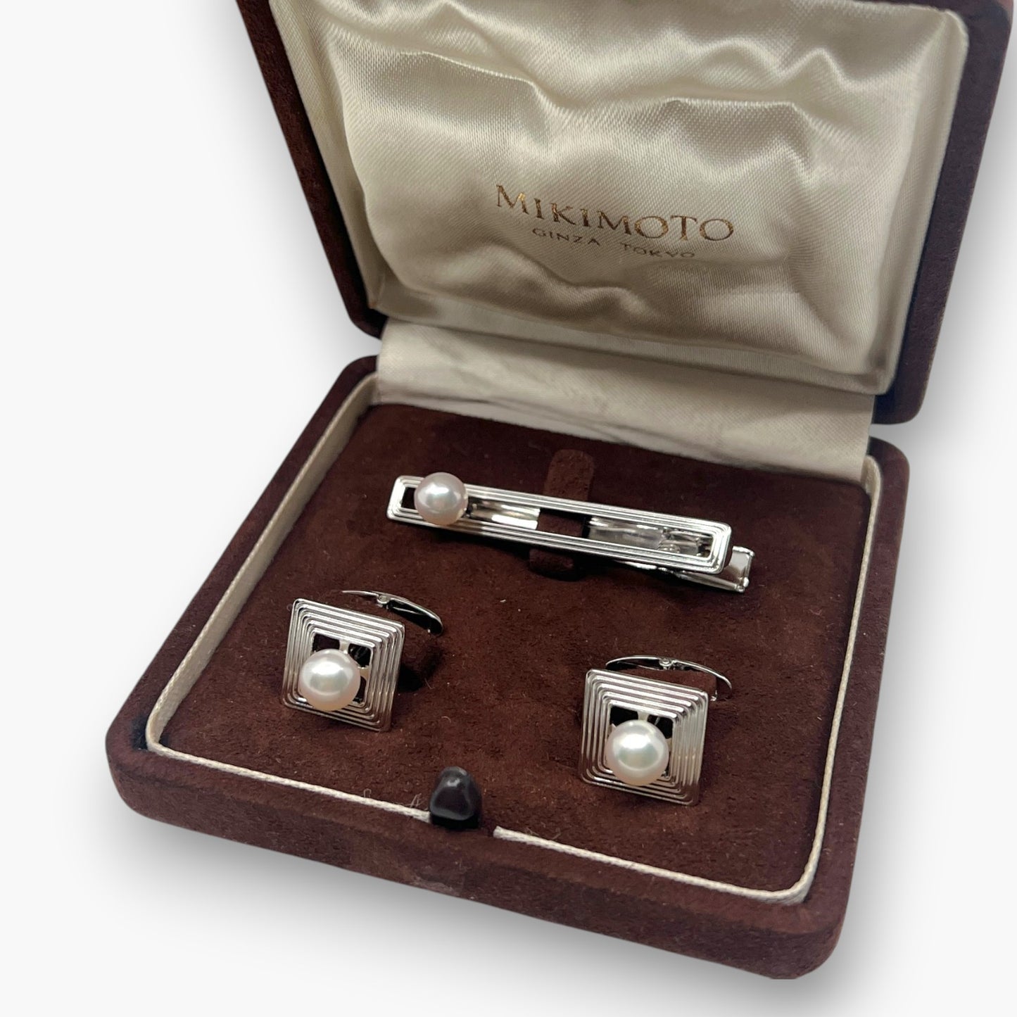 Mikimoto Pearl Cufflinks Tie Pin Clip Set Silver-Tone w/ Box Case