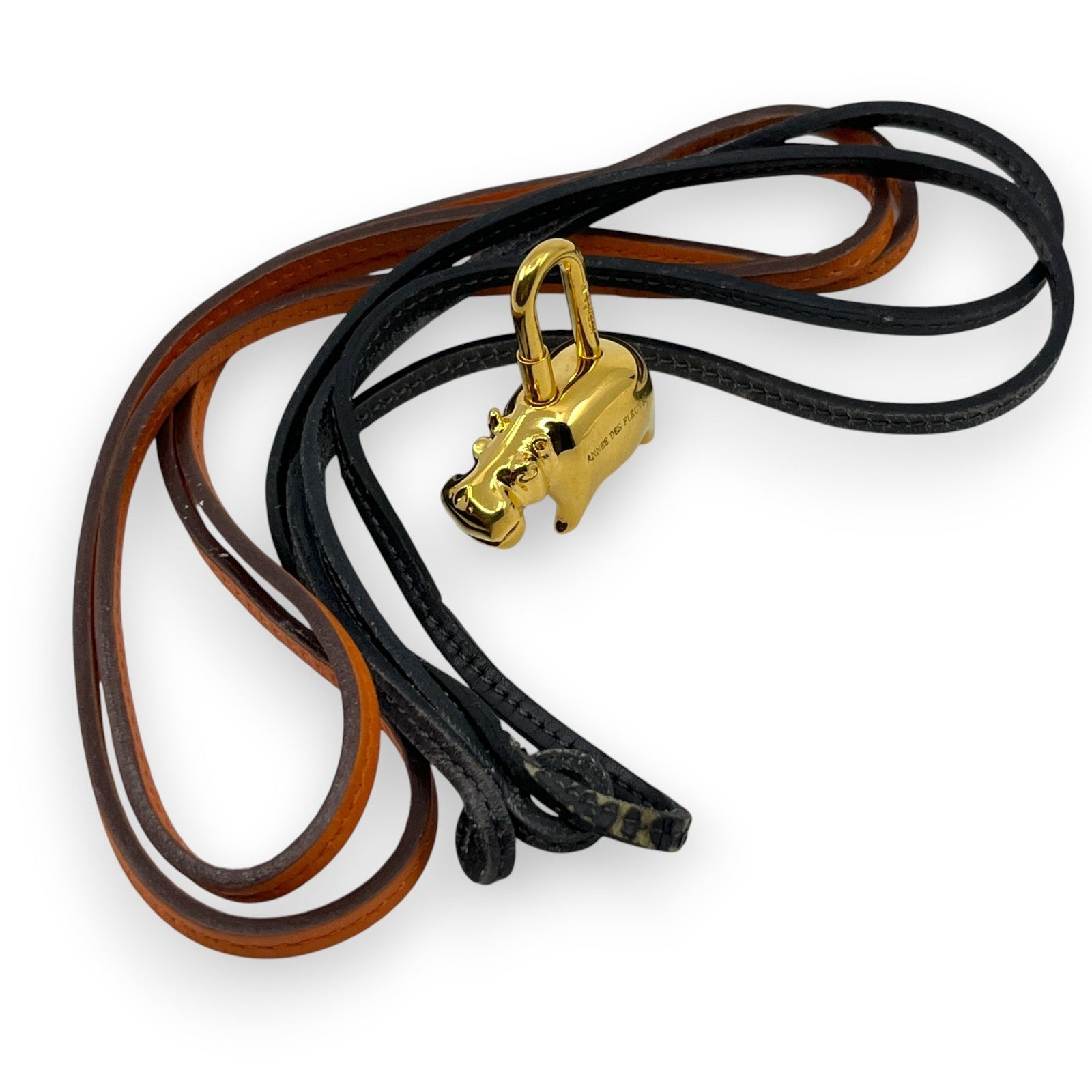 Hermes Cadena Annee Des Fleuves Hippopotamus Padlock Gold 2005 w/ Leather Strap