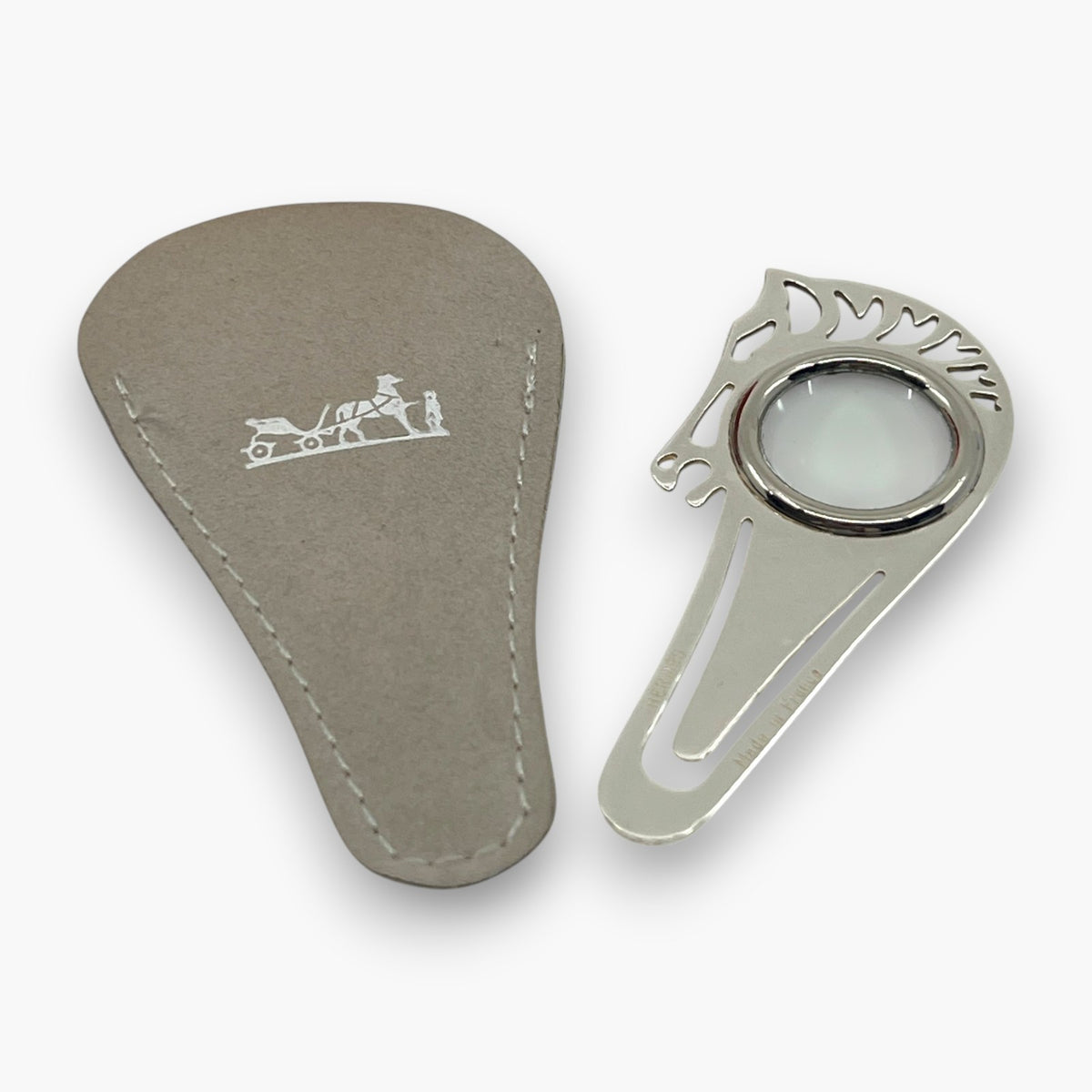 Hermes Cheval Horse Magnifying Glass Loupe Bookmark Silver-Tone with Case Box