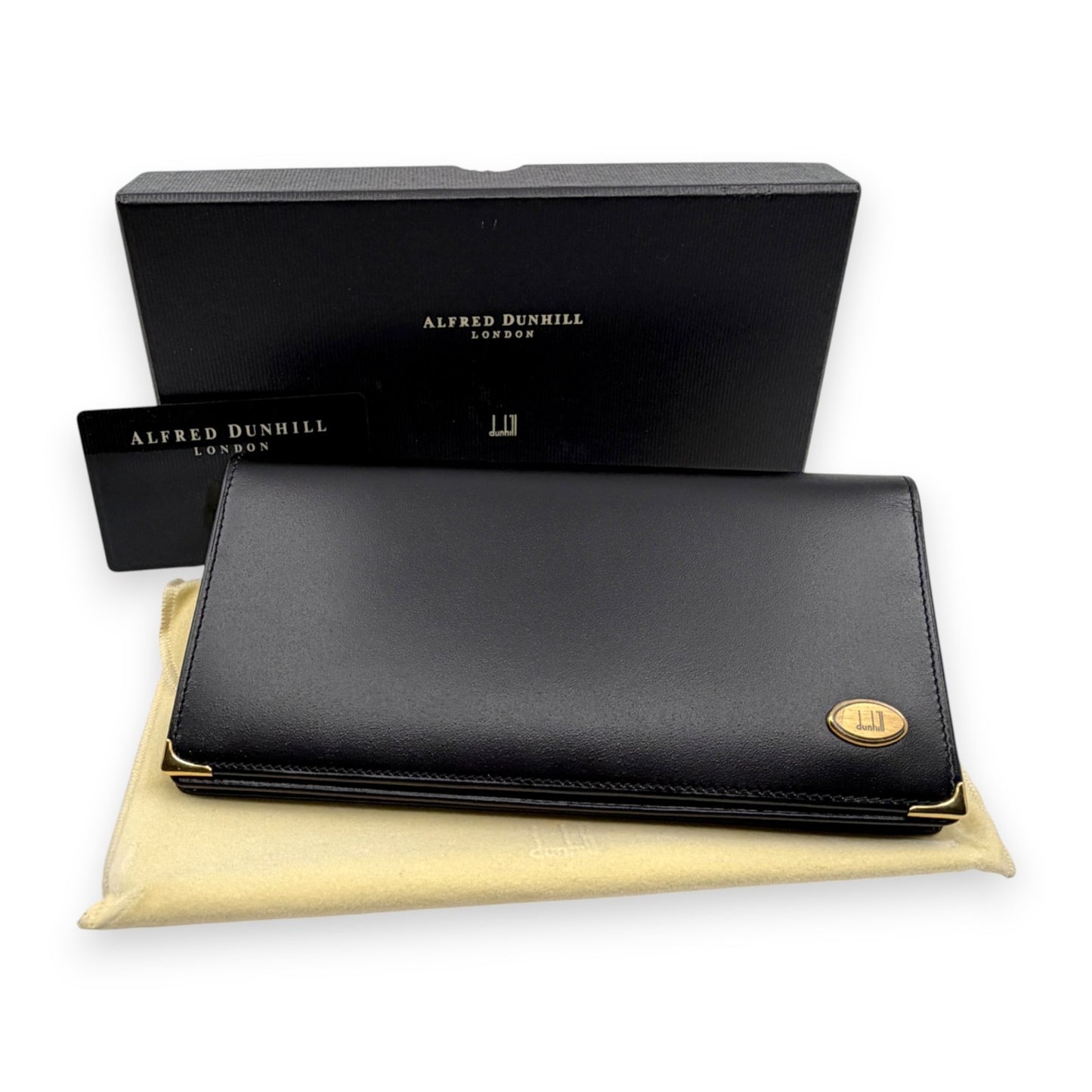Dunhill Black Leather Long Wallet w/ Brand Card Dust Bag Box