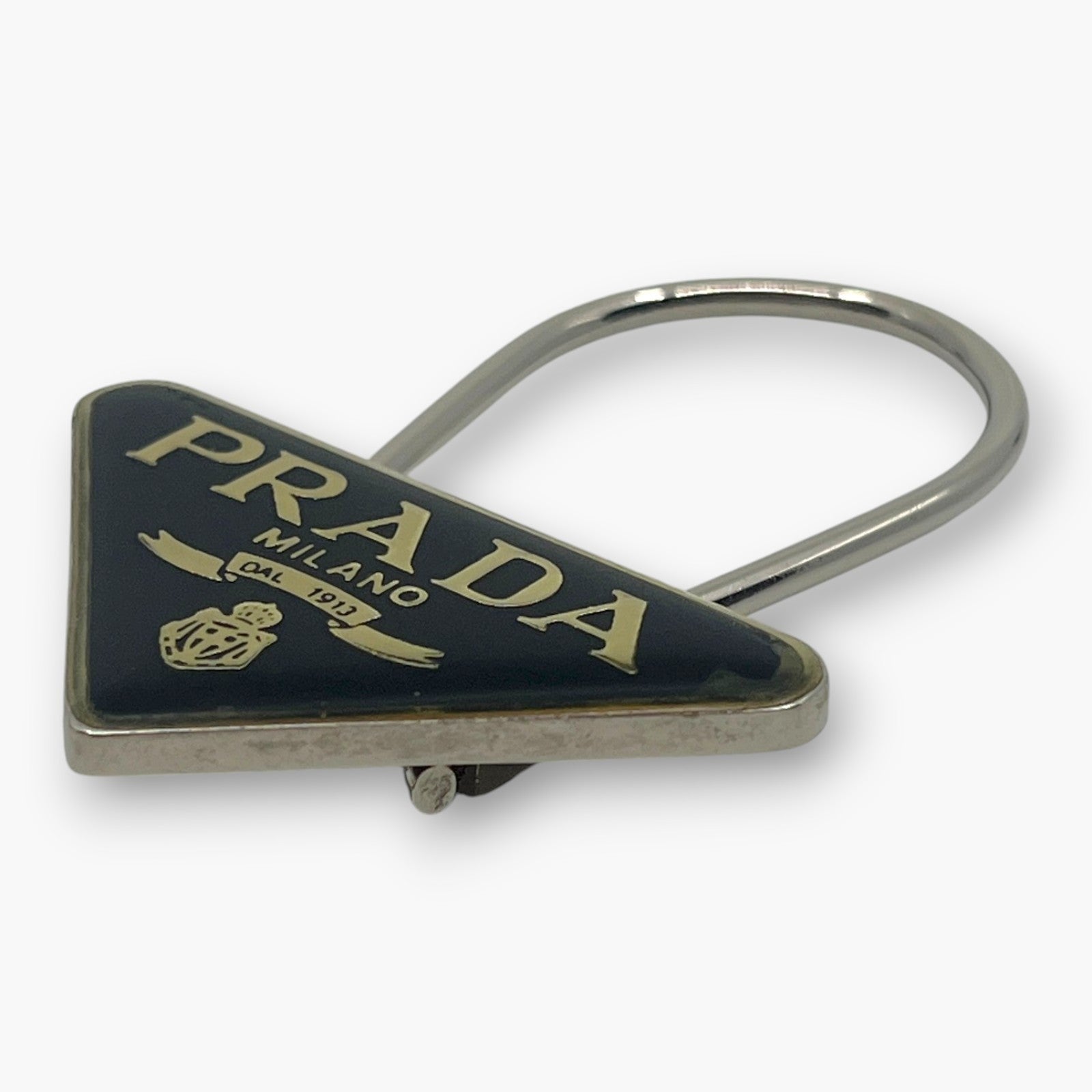 Prada Triangle Plate Logo Metal Bag Charm Keyring Keychain Black Silver M285