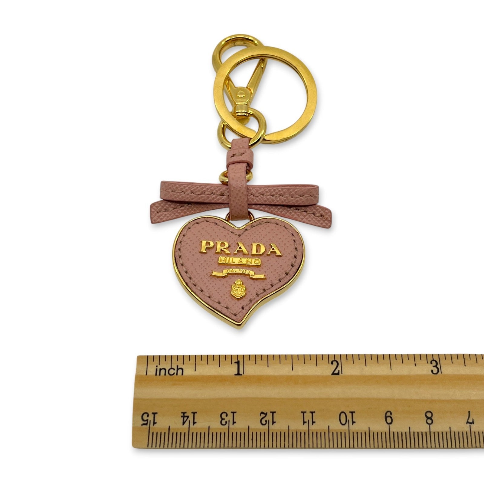 Prada Pink Saffiano Leather Heart Ribbon Key Ring Charm with Box Dust Bag