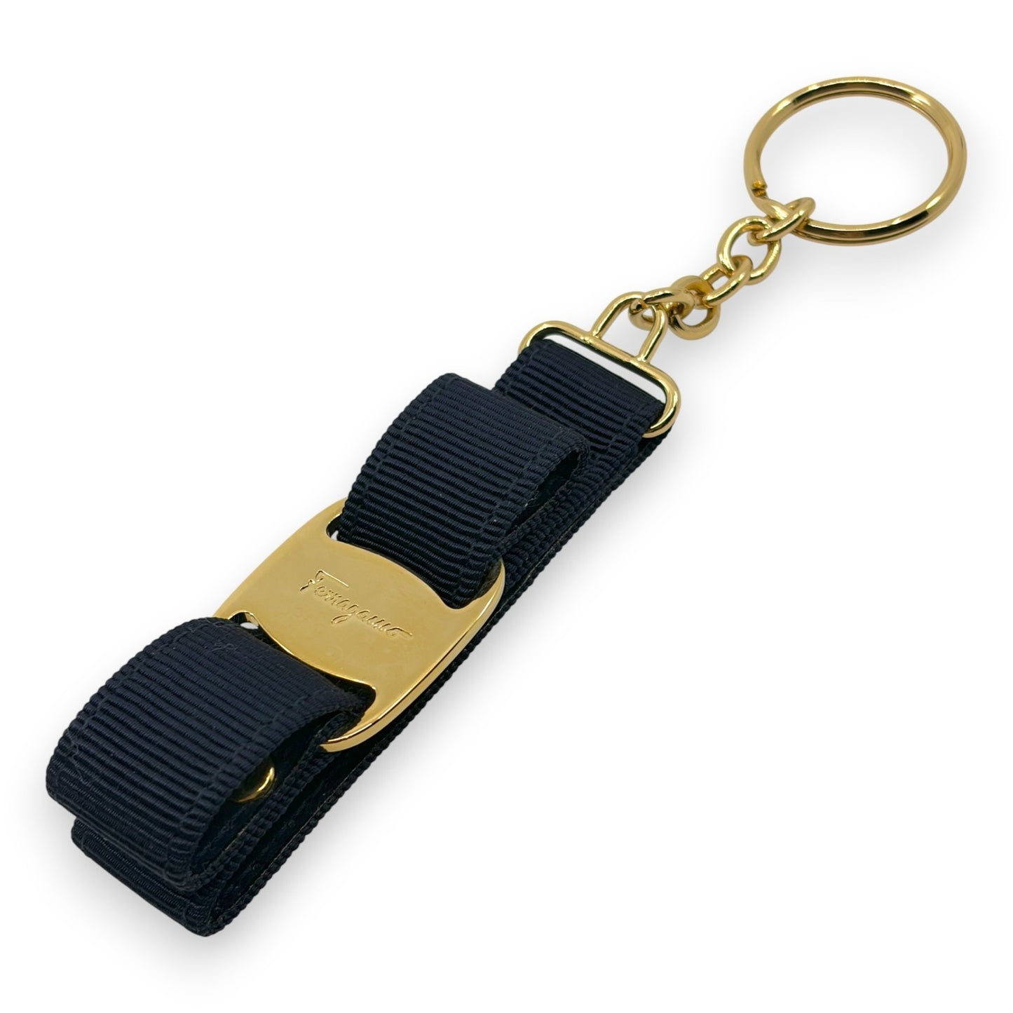 Salvatore Ferragamo Vara Ribbon Keychain Charm Black Gold Key Ring Auth