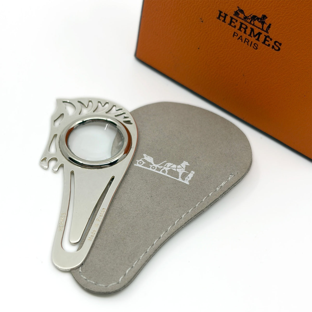 Hermes Cheval Horse Magnifying Glass Loupe Bookmark Silver-Tone with Case Box