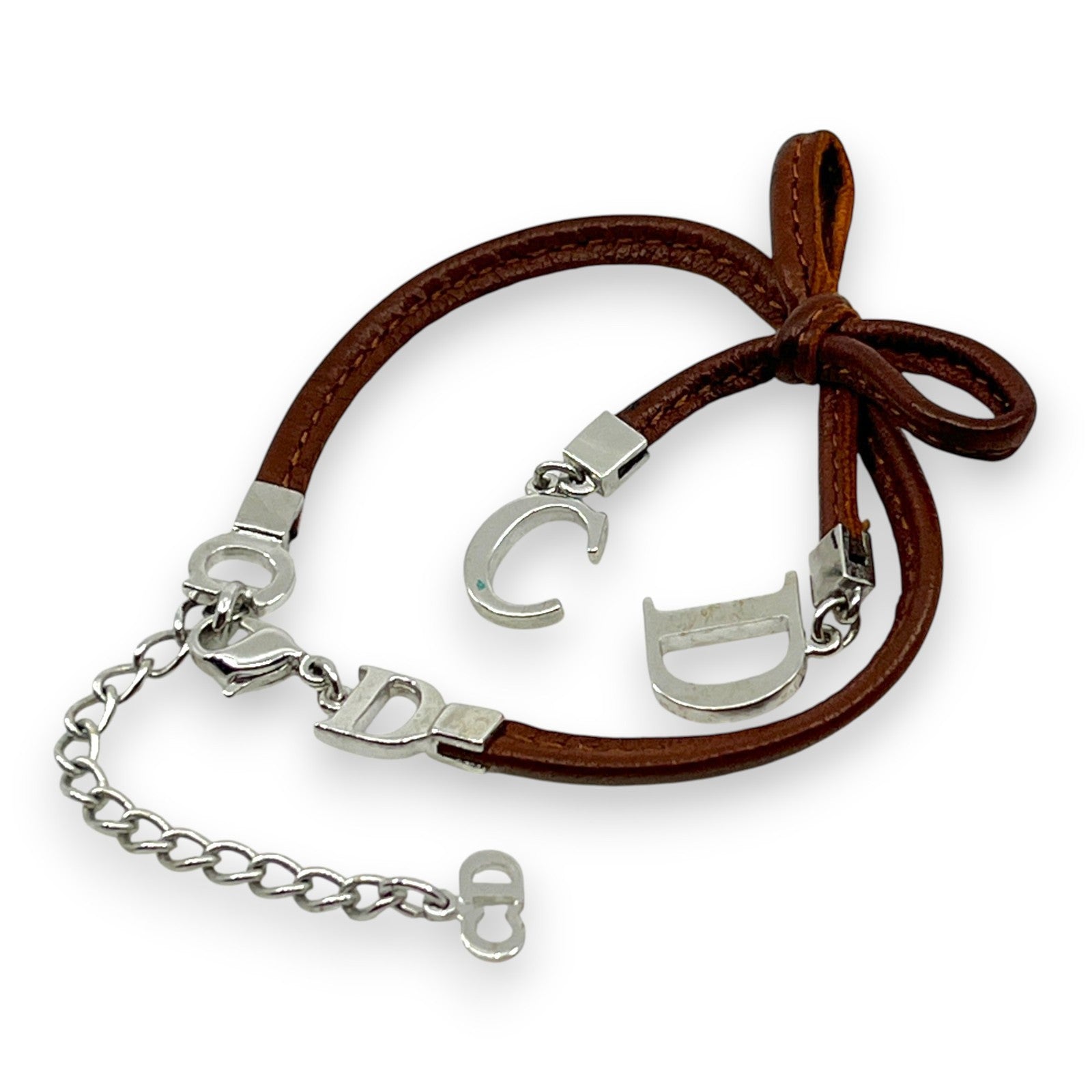 Christian Dior Ribbon CD Logo Brown Leather Bracelet with Silver-Tone Charms