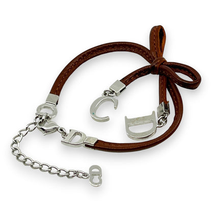 Christian Dior Ribbon CD Logo Brown Leather Bracelet with Silver-Tone Charms