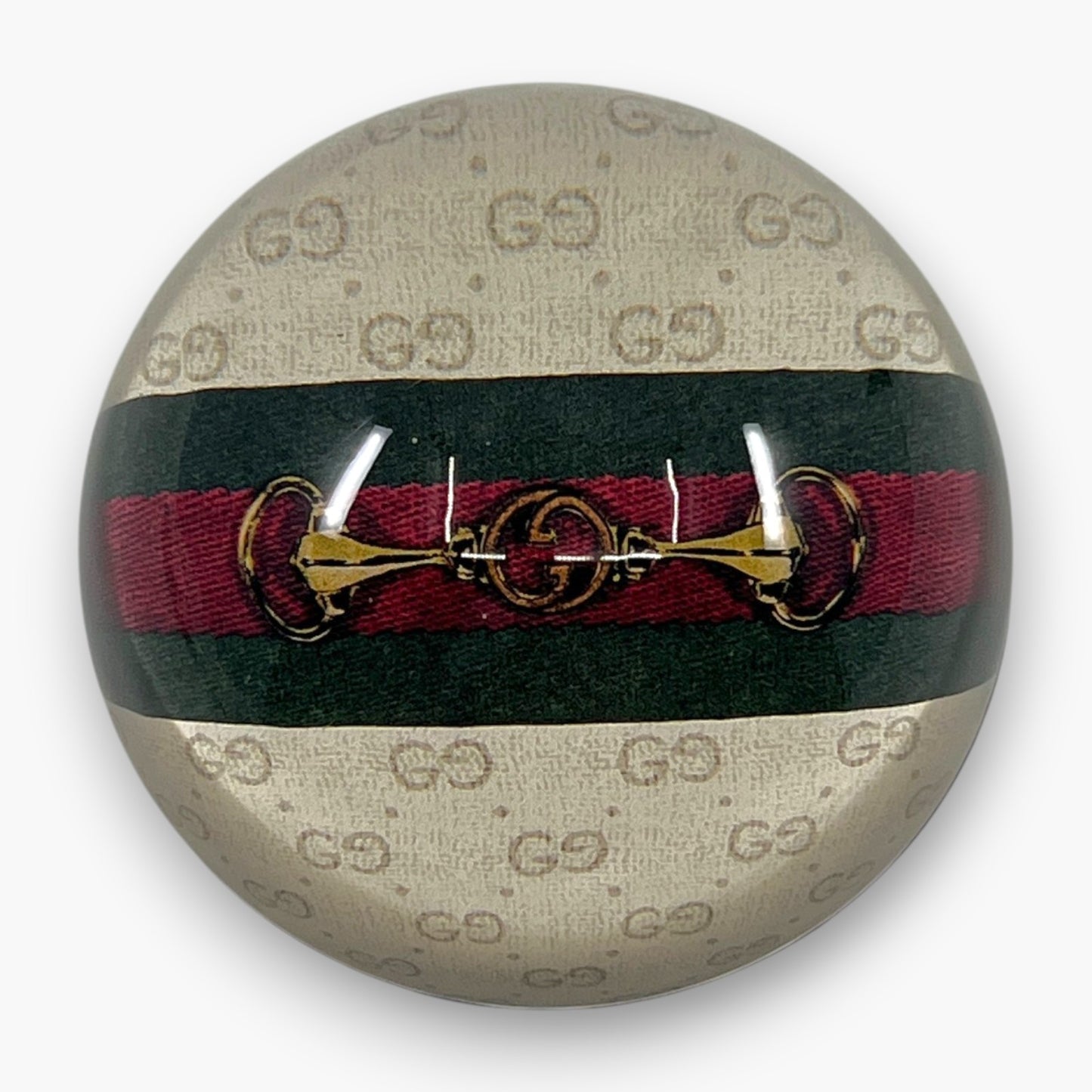 Gucci GG Monogram Horsebit Web Stripe Round Paperweight Decor Glass Italy Auth