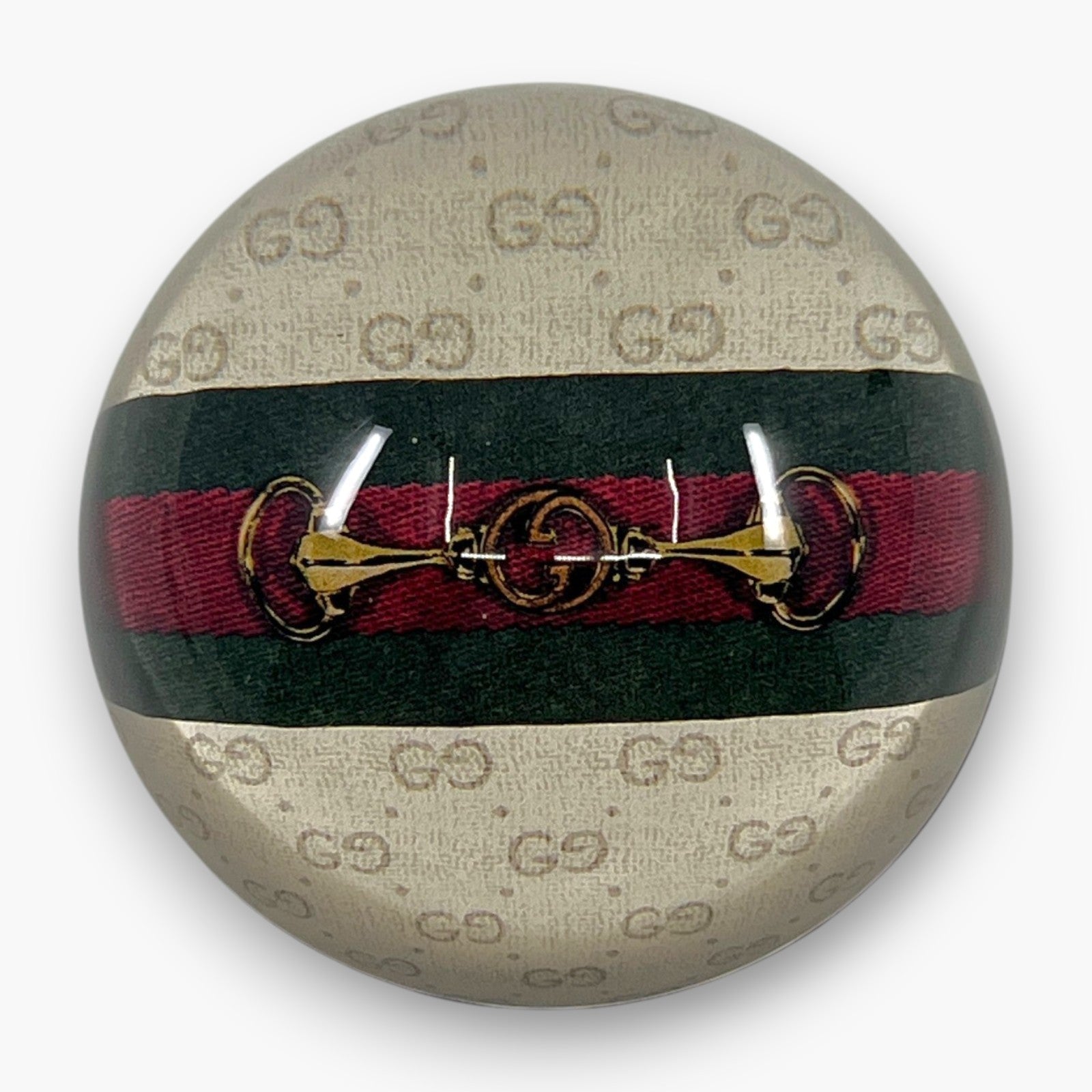 Gucci GG Monogram Horsebit Web Stripe Round Paperweight Decor Glass Italy Auth