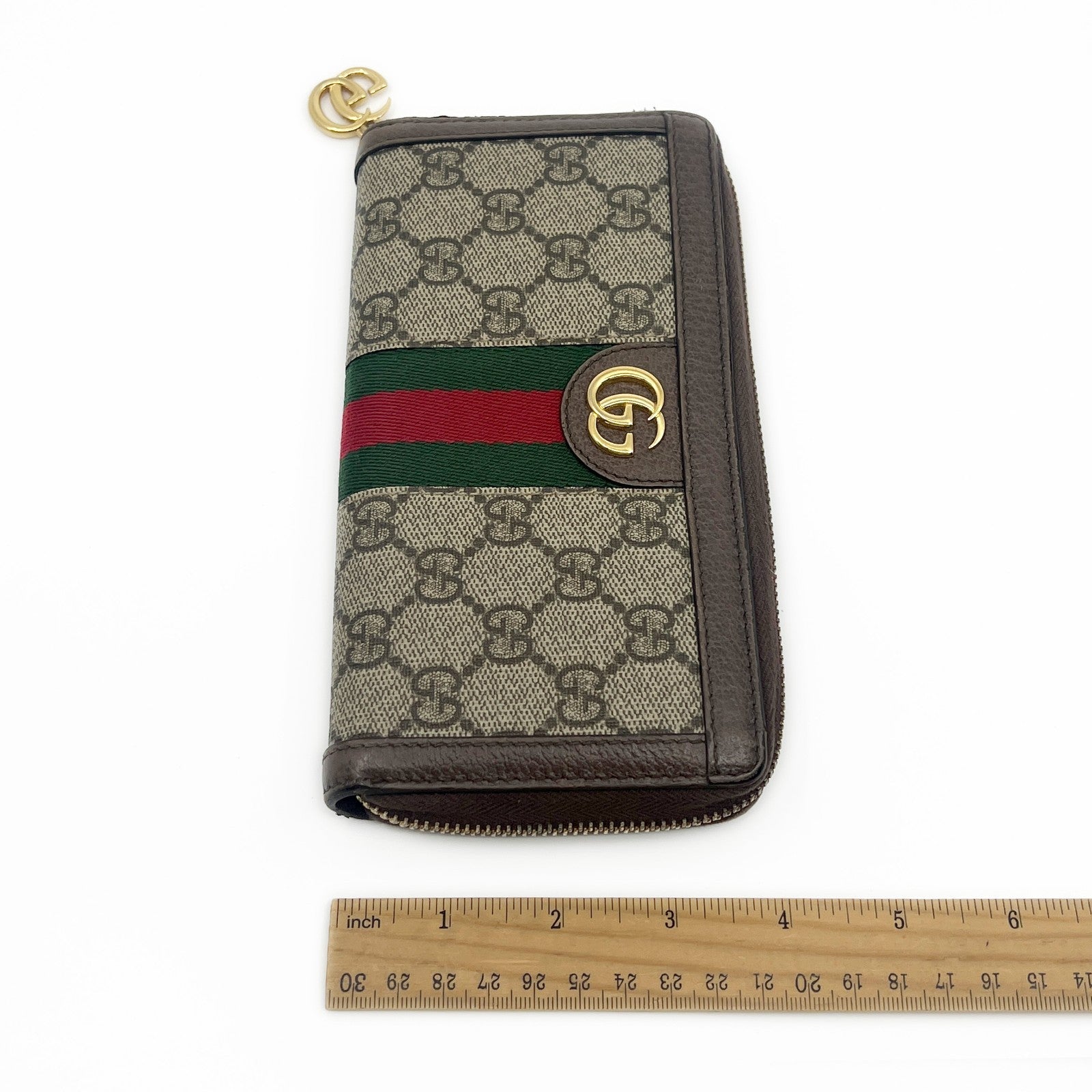 Gucci Ophidia GG Supreme Web Stripe Zip-Around Long Wallet Beige Monogram Logo
