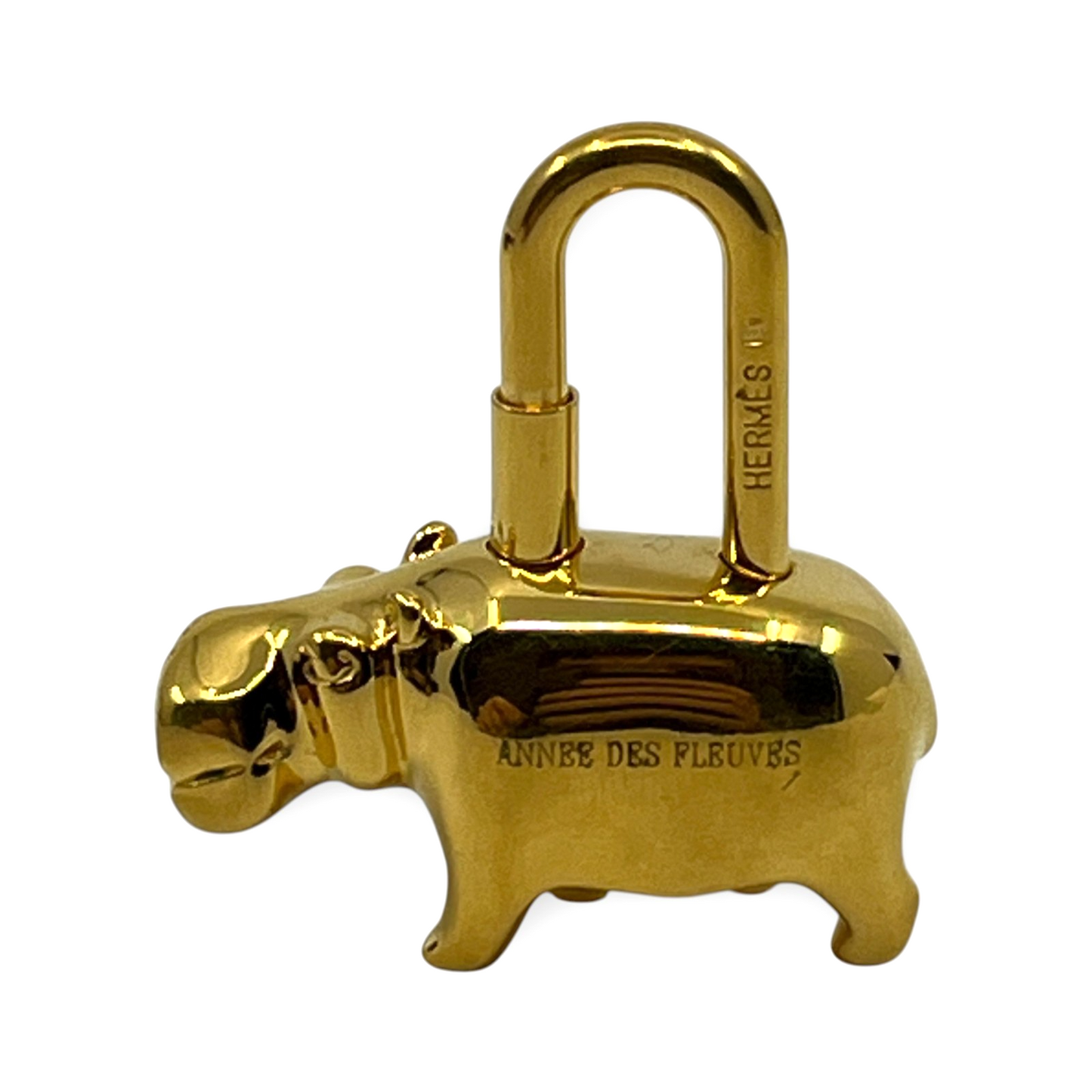 Hermes Cadena Annee Des Fleuves Hippopotamus Padlock Gold 2005 w/ Leather Strap