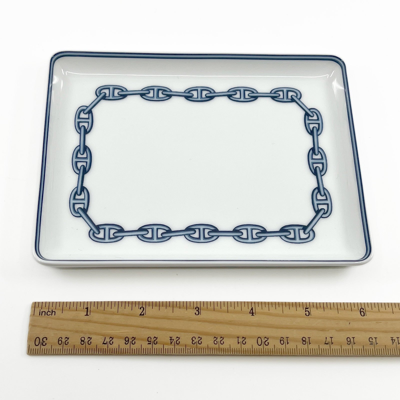 Hermes Chaine d'Ancre Porcelain Rectangular Change Tray Plate Set of 3 Auth
