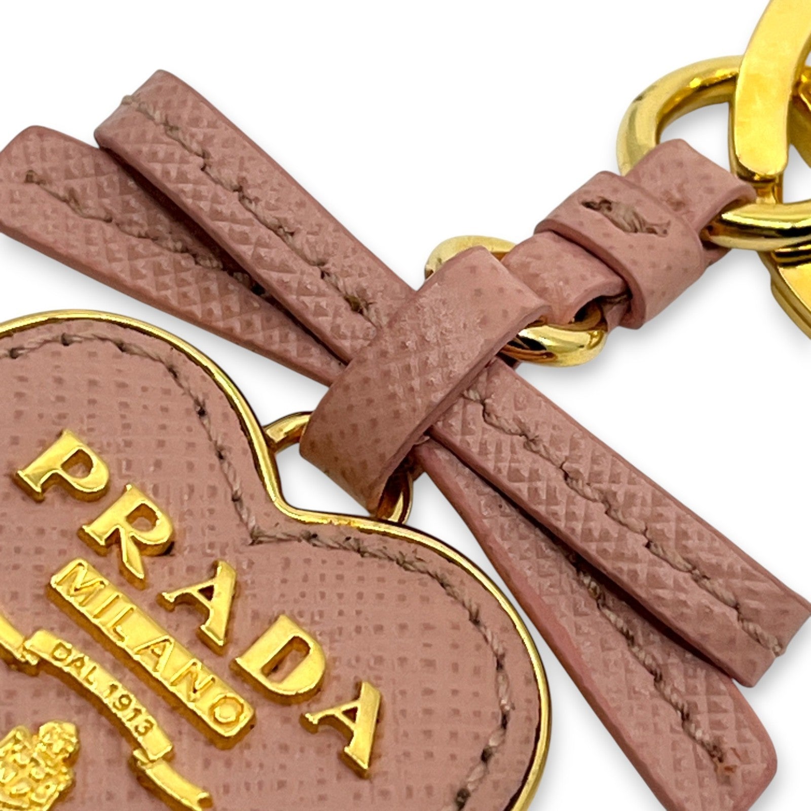 Prada Pink Saffiano Leather Heart Ribbon Key Ring Charm with Box Dust Bag