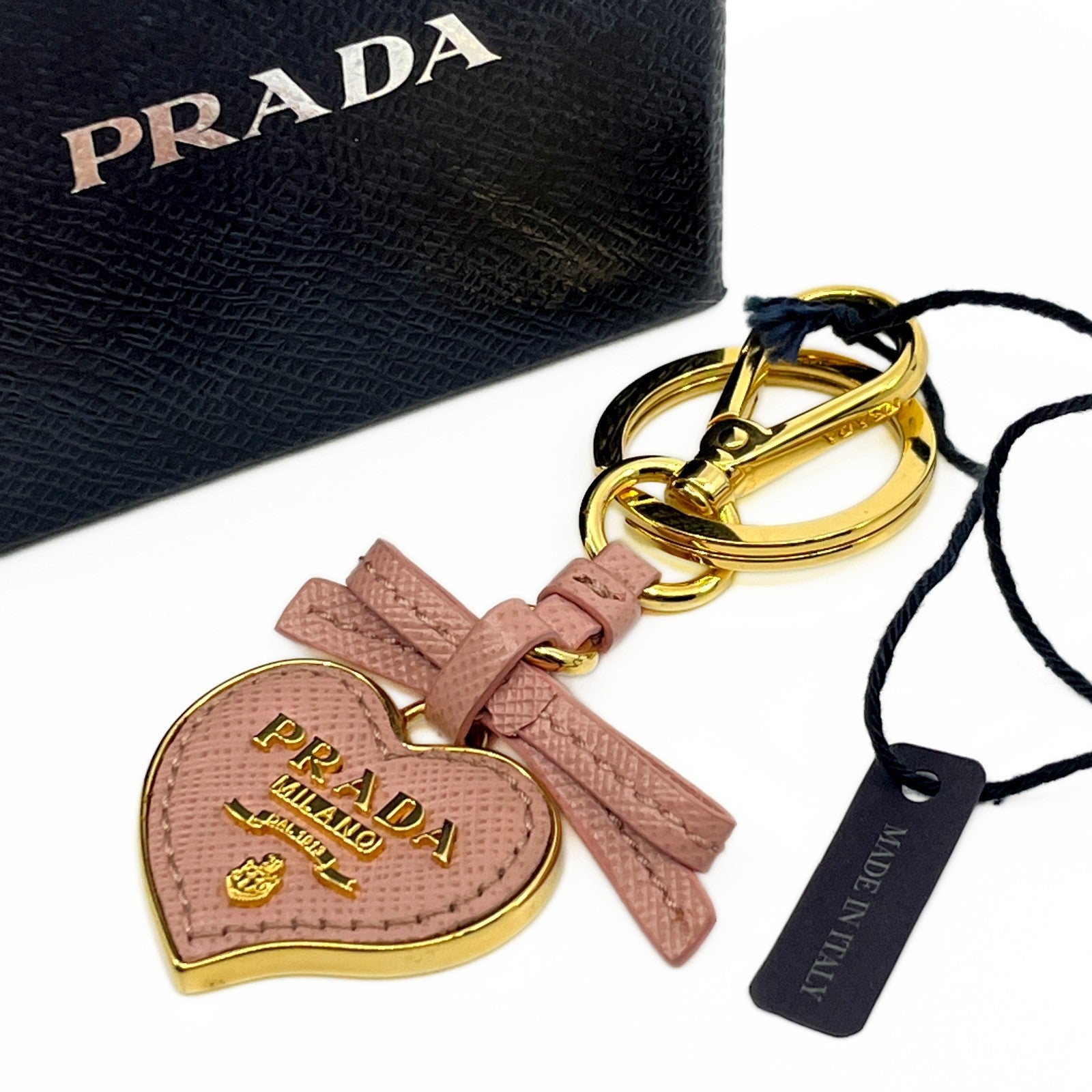 Prada Pink Saffiano Leather Heart Ribbon Key Ring Charm with Box Dust Bag