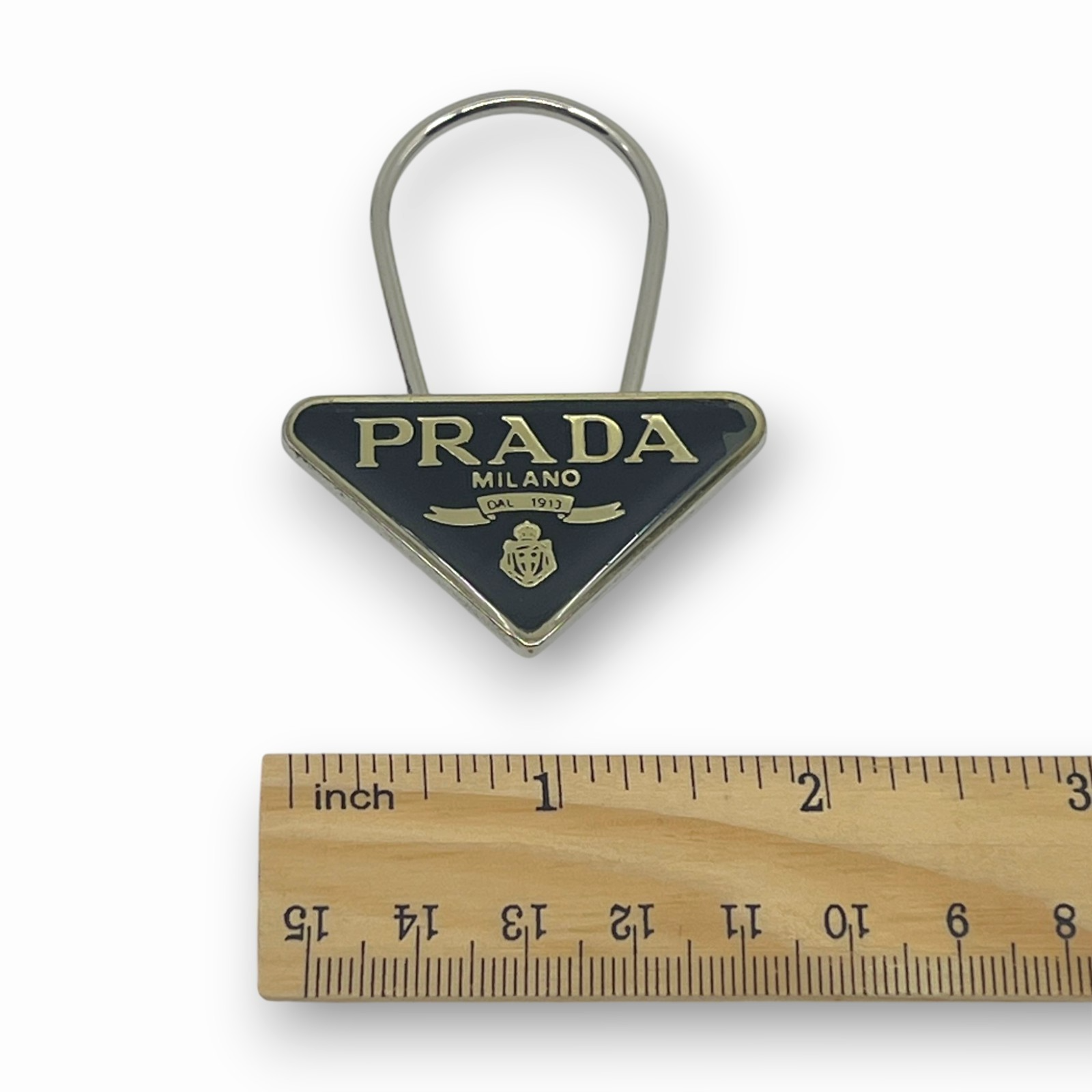 Prada Triangle Plate Logo Metal Bag Charm Keyring Keychain Black Silver M285