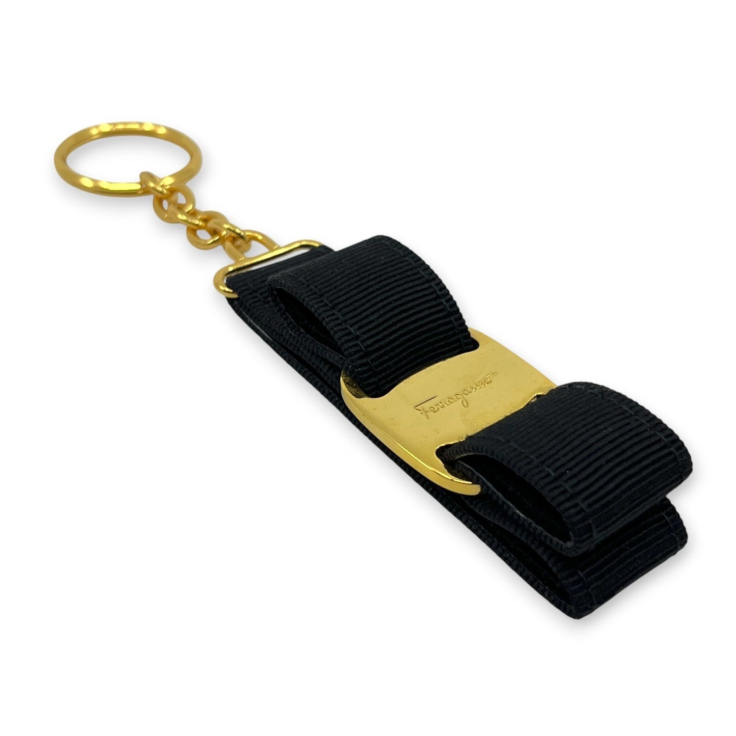 Salvatore Ferragamo Vara Black Gold Ribbon Keychain Charm Key ring with Box