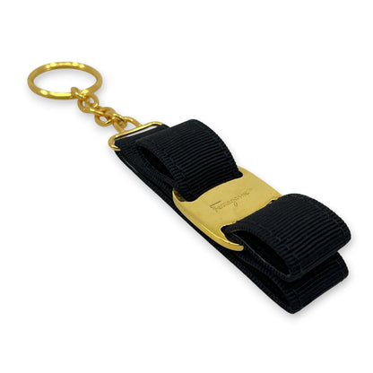 Salvatore Ferragamo Vara Black Gold Ribbon Keychain Charm Key ring with Box
