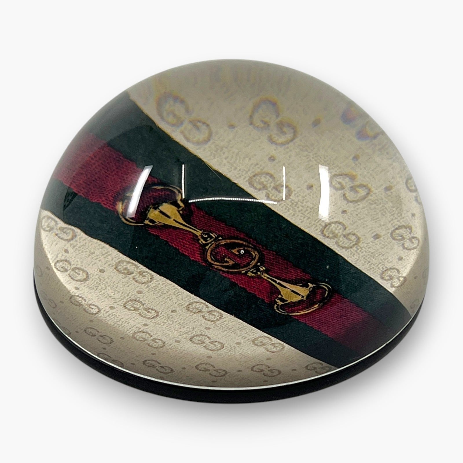 Gucci GG Monogram Horsebit Web Stripe Round Paperweight Decor Glass Italy Auth