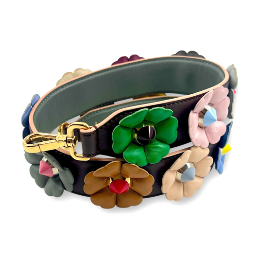 Fendi Strap You Flowerland Leather Shoulder Bag Strap with Floral Flower Studs