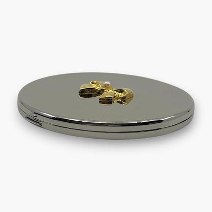 Mikimoto International Compact Mirror Pearl Bow Ribbon Silver-Tone w/ Box Pouch
