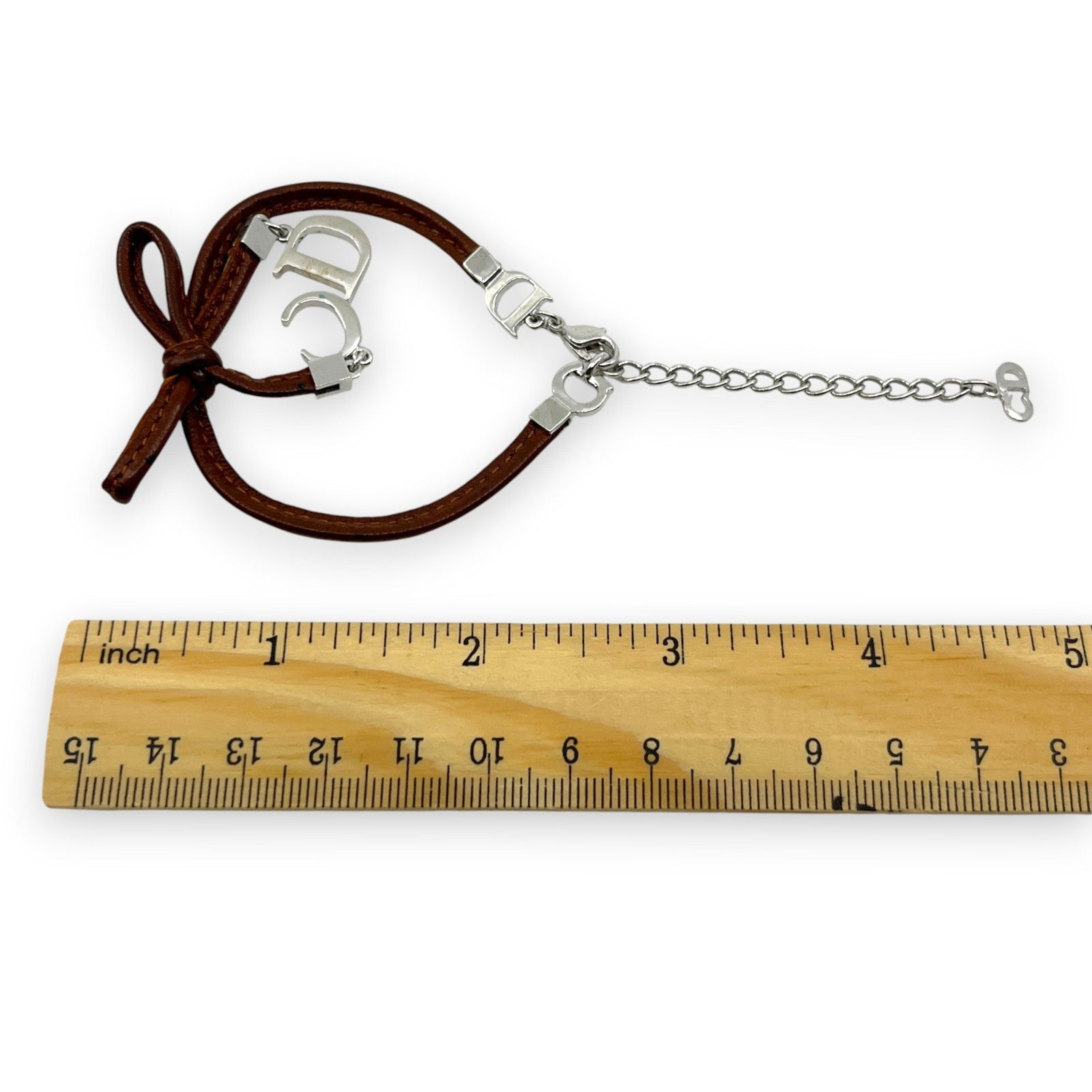 Christian Dior Ribbon CD Logo Brown Leather Bracelet with Silver-Tone Charms