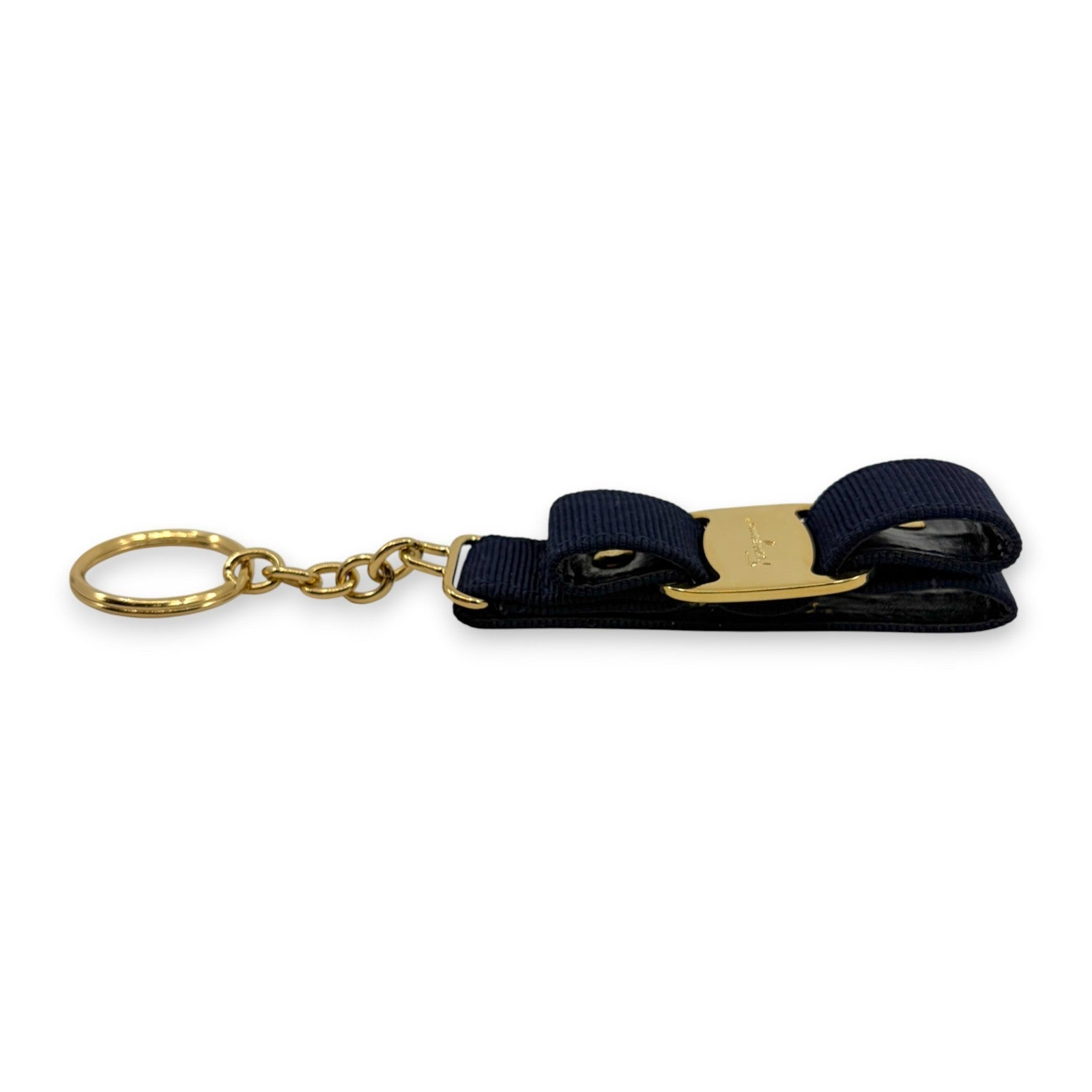 Salvatore Ferragamo Vara Ribbon Keychain Charm Black Gold Key Ring Auth