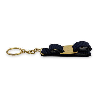 Salvatore Ferragamo Vara Ribbon Keychain Charm Black Gold Key Ring Auth