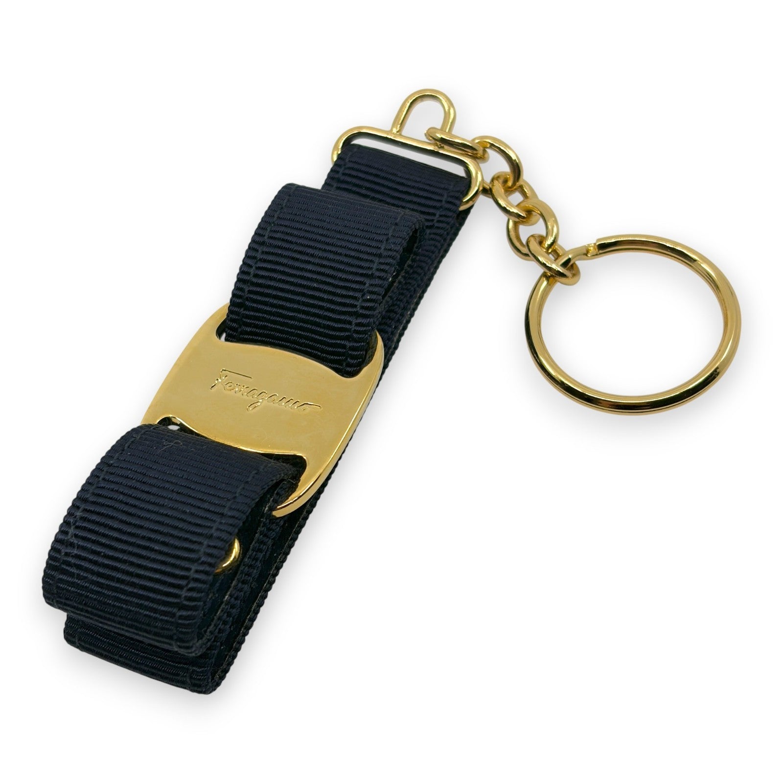 Salvatore Ferragamo Vara Ribbon Keychain Charm Black Gold Key Ring Auth